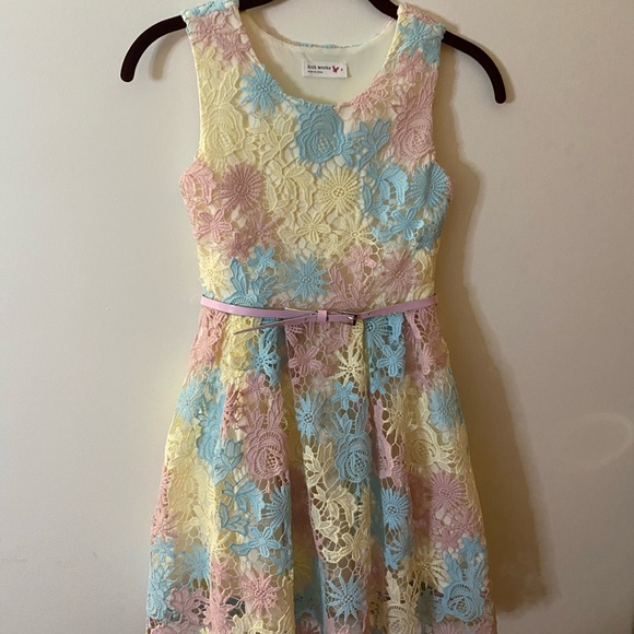 Knit Works Dress Girls Size 8 Multi Colored, Ivory lining, pink belt sleeveless - Picture 6 of 14